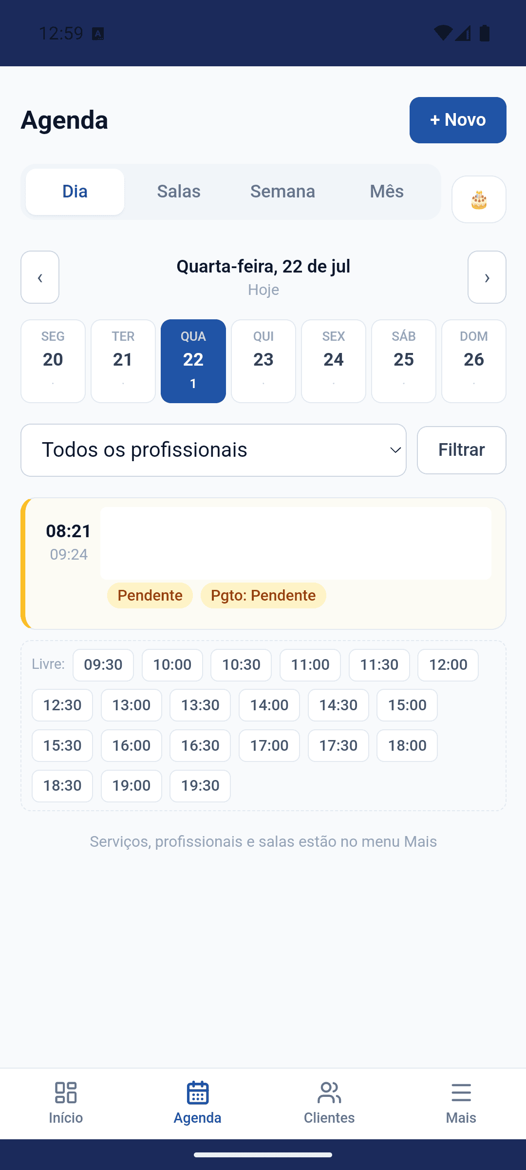 Tela real da Agenda do Organize+ com dados de demonstração