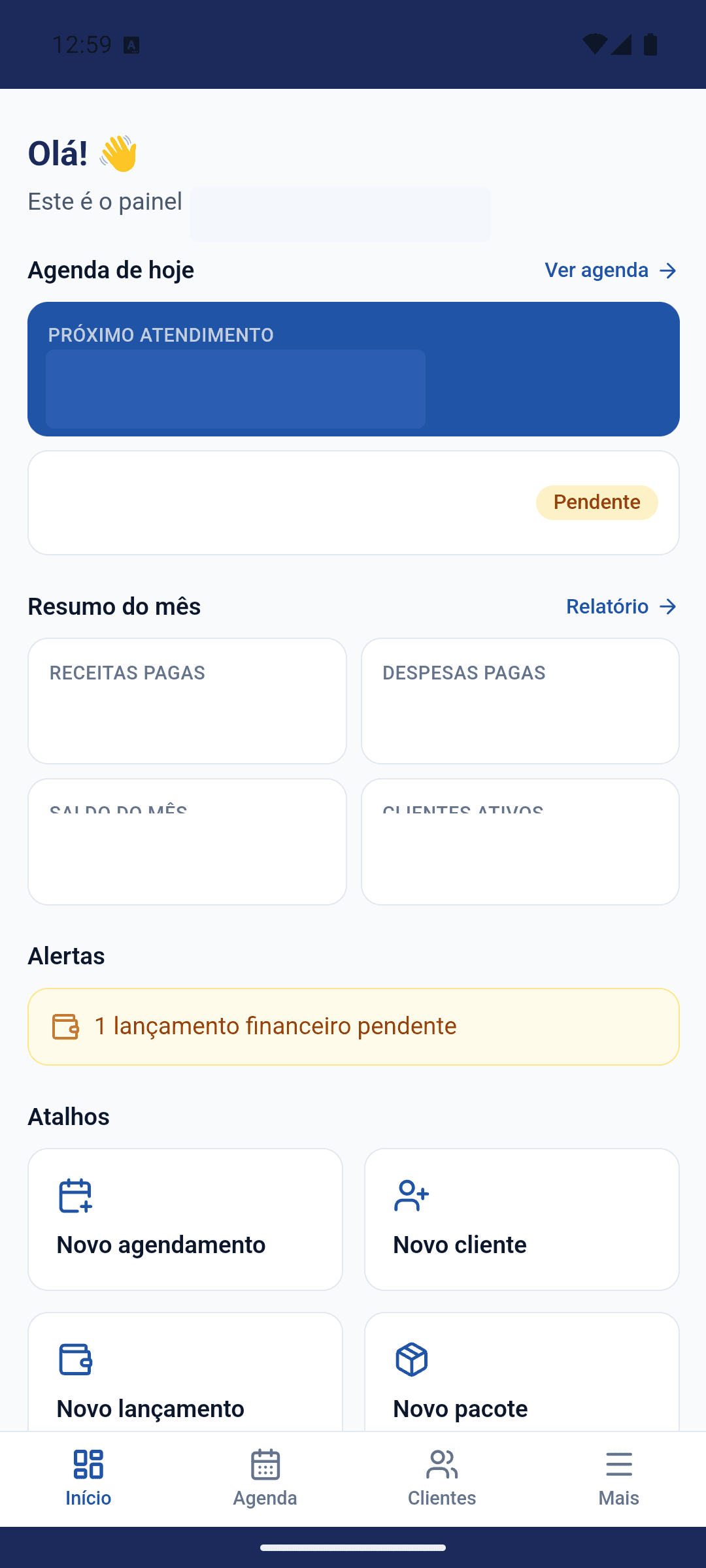 Tela real do painel do Organize+ com dados de demonstração