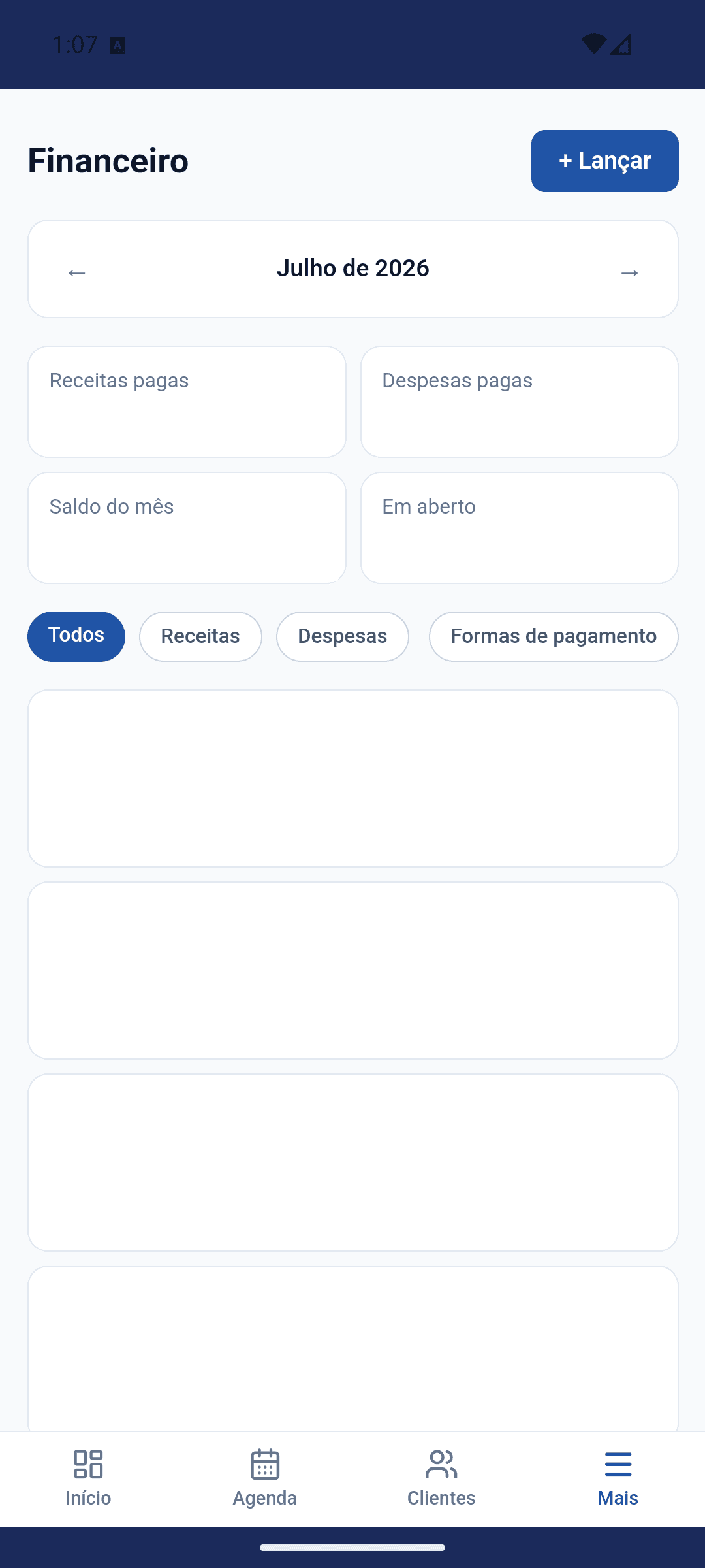 Tela real do financeiro no Organize+ Android