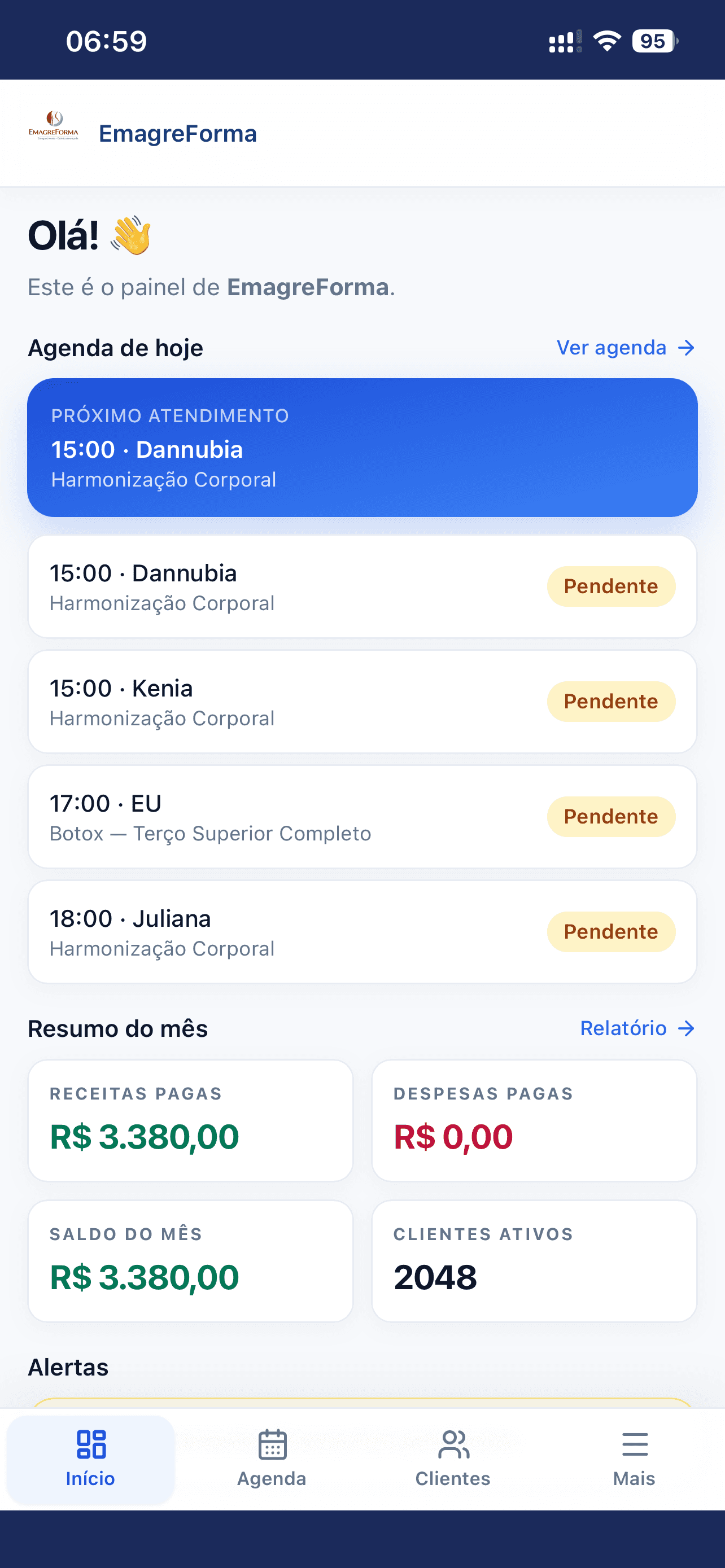 Painel atual do Organize+ com a agenda do dia e resumo da clínica